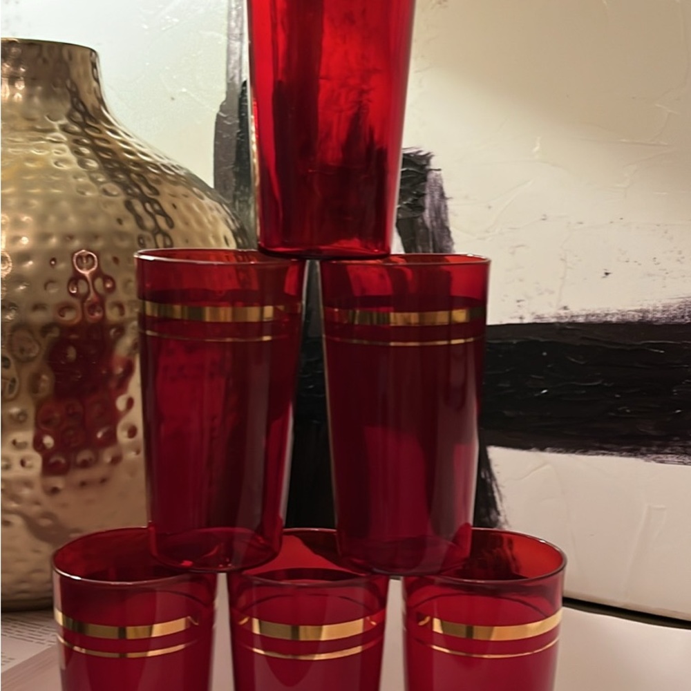 Elegant Red and Gold Drinkware Set of 6 ruby red tumblers MCM 
Diameter 2 5/8 in